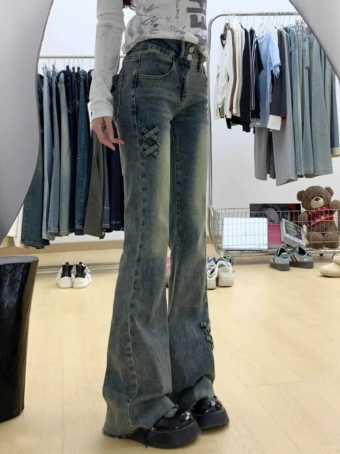 STORESDE New retro high waist solid color micro-flare women jeans y2k fashion street clothing slim and slim stretch flared pants