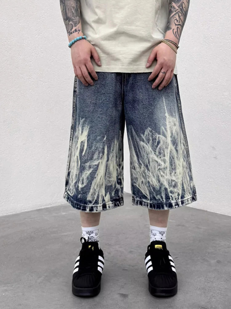 STORESDE 2026 New Flame Graphic Print Denim Shorts For Men Hip Hop Fashion Straight-leg Baggy Jorts Punk Tie Dye Gradient Y2K Short Jean