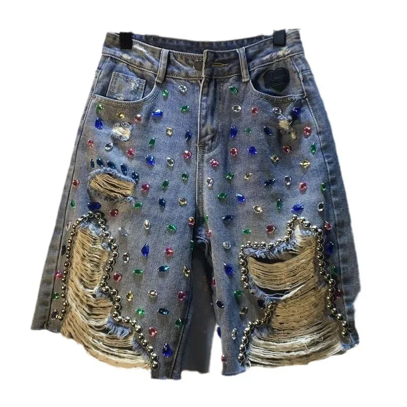 STORESDE Women's 2026 with Diamonds Summer High Waist Denim Shorts - Stretch Distressed Ripped Jeans for Trendy Streetwear Fashion Style