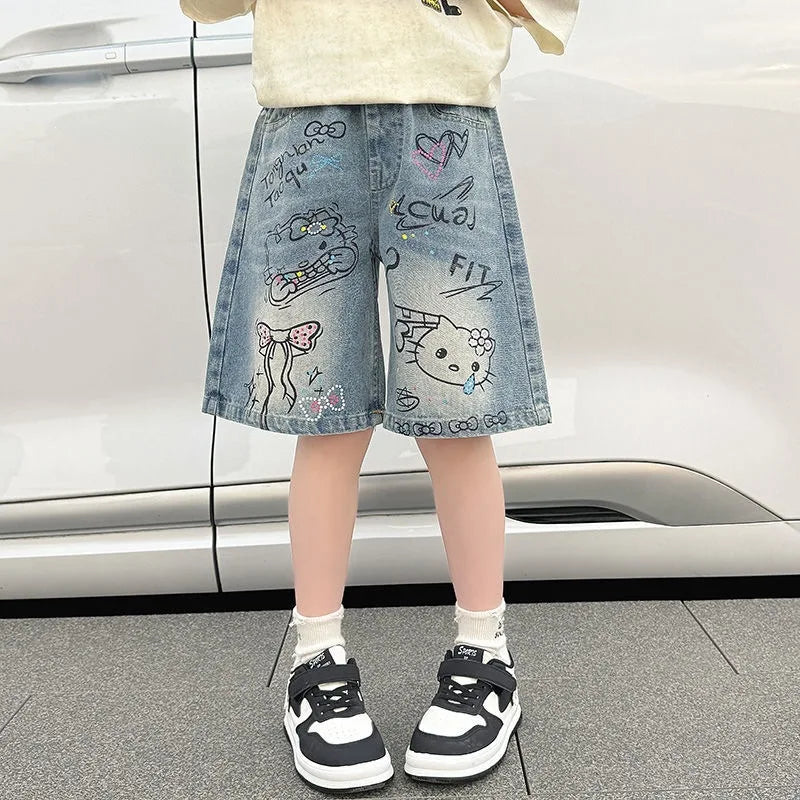 STORESDE New Summer Girls Denim Shorts Cartoon Hello Kitty Fashion Loose Knee Length Jeans Pants For 4-14 Years Teen Kids Casual Trousers