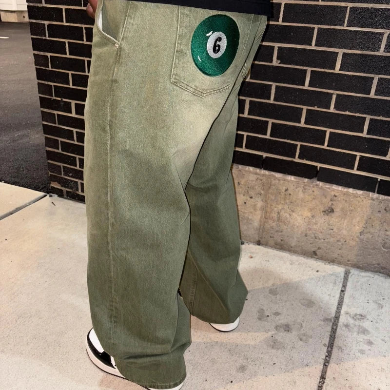 STORESDE Y2K Street Matcha Denim Jeans Pocket Green 6 Ball Embroidery Denim Pants London High Street Trend Streetwear Unisex Baggy Jeans