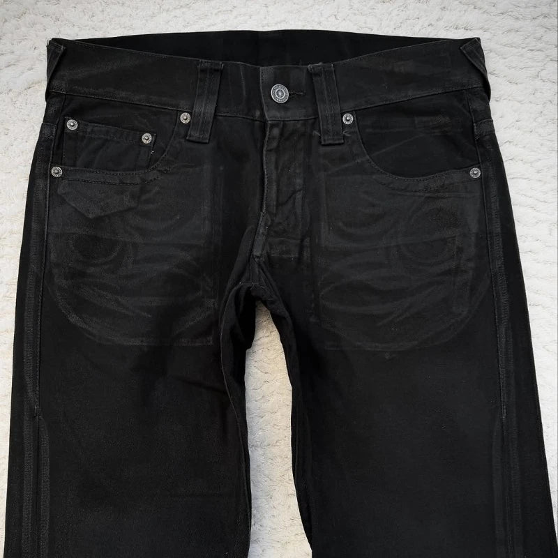 STORESDE vintage X ray waxing tribal embroidery men's flared jeans Gothic high street unisex punk slim fit jeans Y2K baggy flared jeans