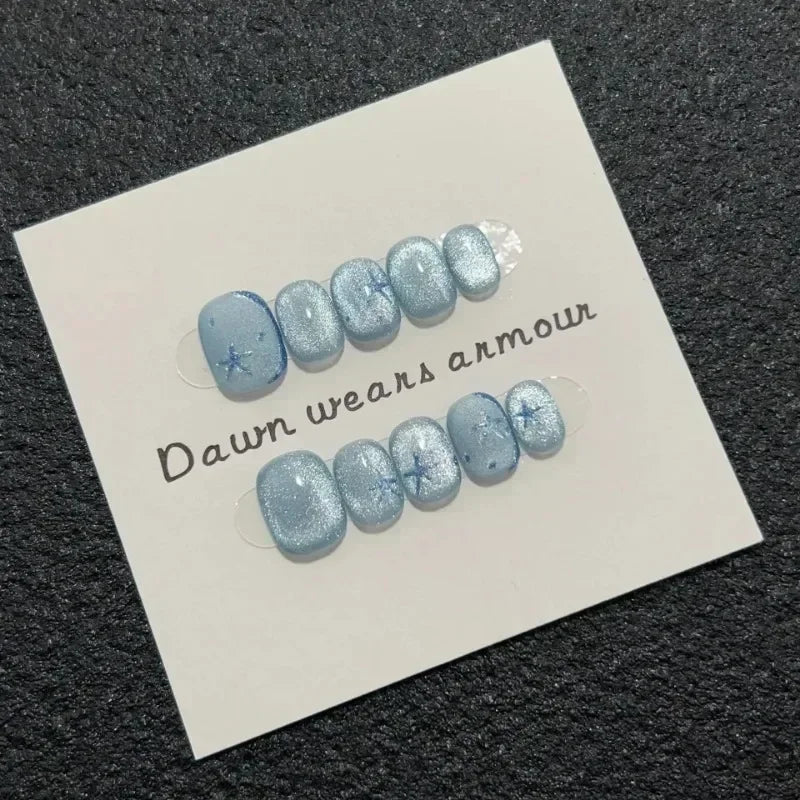 STORESDE 10Pcs Short French False Nail Gradient Blue Press on Nails with Diamond Pearl Design Full Cover Wearable Ballet Fake Nails Tips