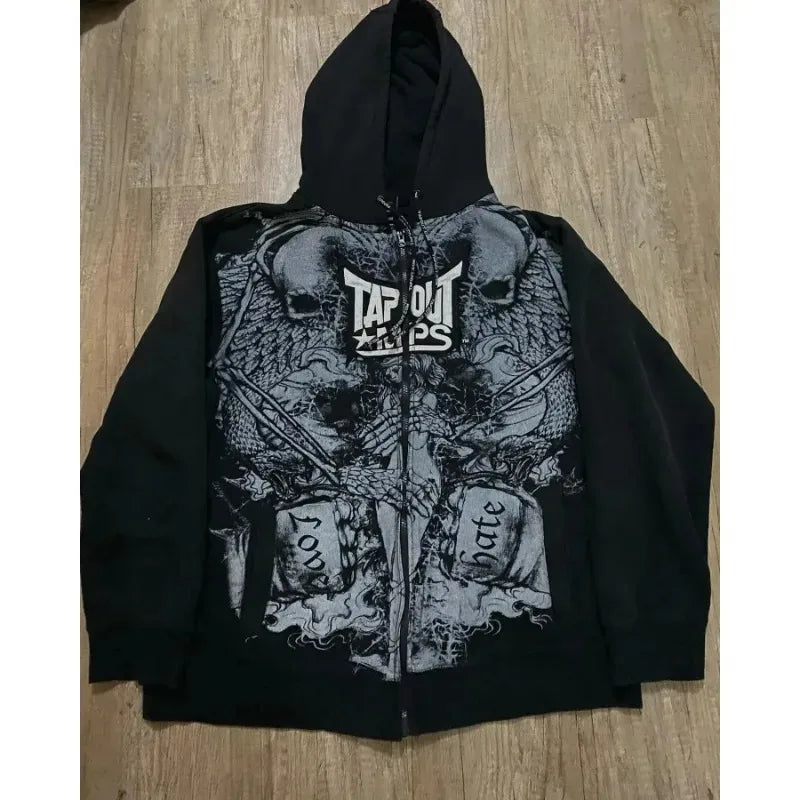 STORESDE Y2K Fashion Tapout Zipper Hooded Sweater Retro Hip-hop Letter Printing Oversized Black Hooded Sweater Men And Women Gothic Tops
