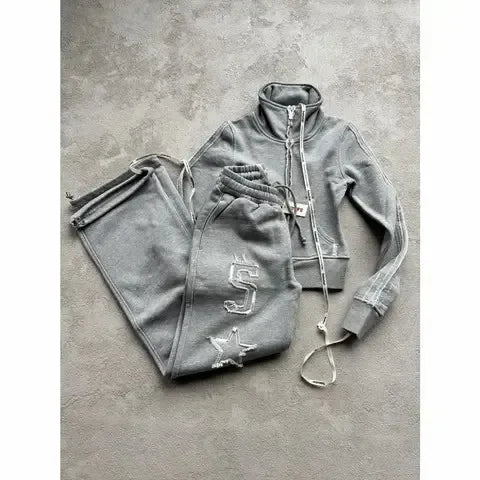 STORESDE Gothic Womens Zipper Sweatshirt Pants Two Piece Set Y2K Harajuku Letter Patchwork Embroidery Vintage Oversized Jacket Pants Set