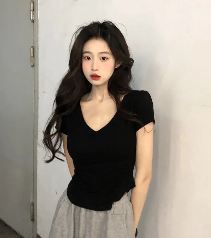 STORESDE Sexy V-neck Short Sleeve T-shirts for Women Summer New Tees Top Black White Basic Tshirt Y2K Korean Style Women's Clothes 2026