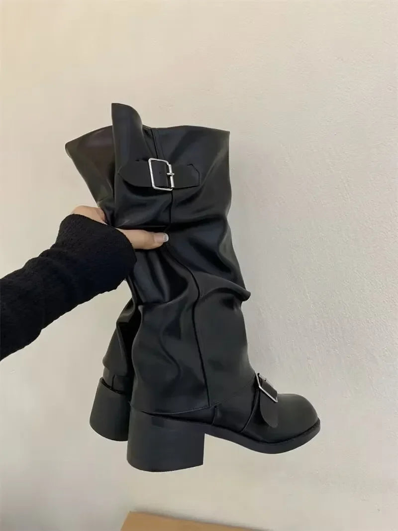STORESDE Woman Boots Knee High Platform Chunky Heels Trend Punk Gothic New Rock Leather Fashion Women's Shoes Motorcycle Footwear Q221