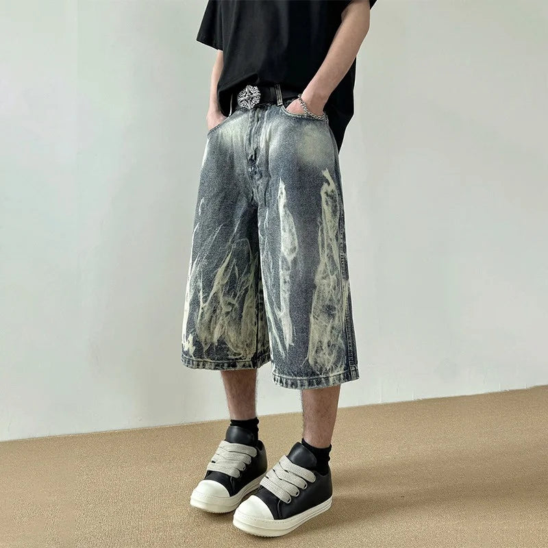 STORESDE 2026 New Flame Graphic Print Denim Shorts For Men Hip Hop Fashion Straight-leg Baggy Jorts Punk Tie Dye Gradient Y2K Short Jean