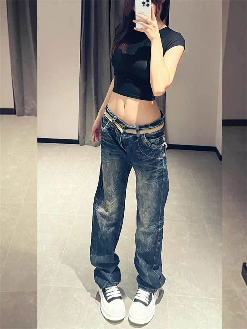 STORESDE American Personalized Gold Wing Embroidered Jeans Children's 2025 Spring Hot Girl Design Sense Low Waist Micro Flared Pants