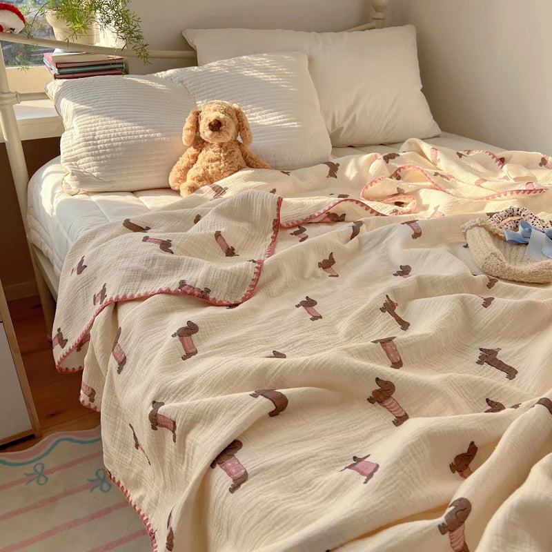 STORESDE 100% Cotton Blanket INS Style Pure Cotton Crepe Yarn Summer Blanket Single/Queen/King Size Cartoon Quilt for Kids Soft Plaids
