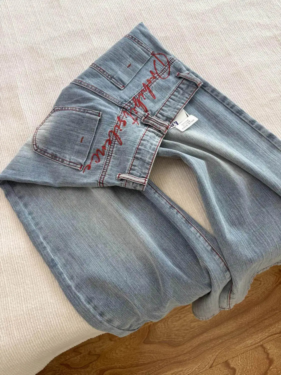 STORESDE Y2k Light Blue Baggy Jeans Women Red Stitch Embroidery High Waist Wide Leg Denim Pants Streetwear Casual Y2K Grunge Trousers New