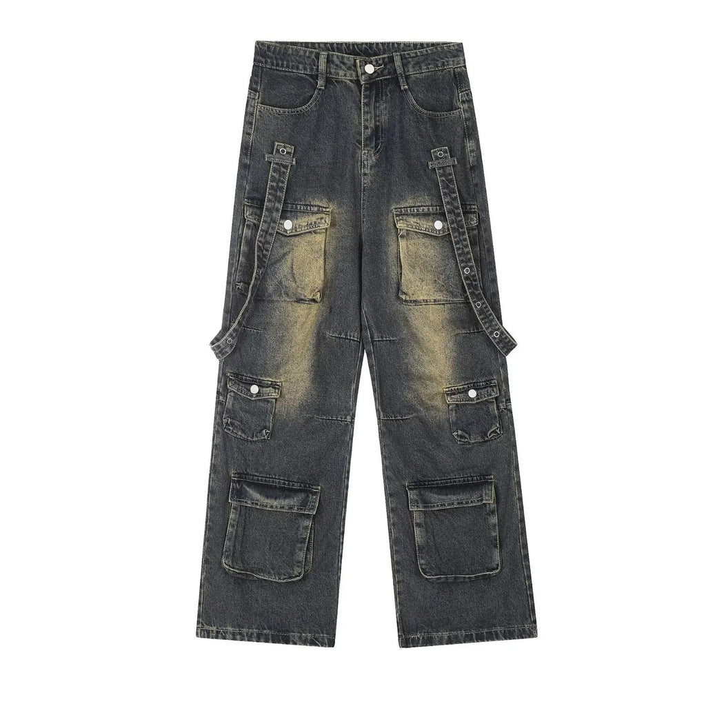 STORESDE Washed Vintage American Street Style Men's Jeans Spring Autumn Loose Straight Leg High Street Vibe Long Trousers