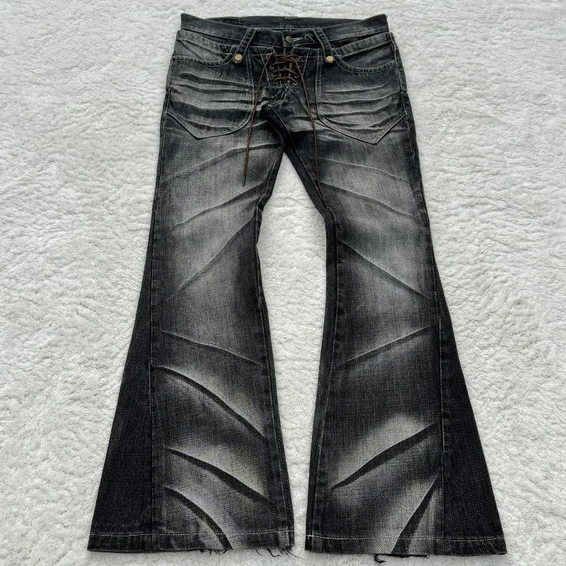 STORESDE Y2k Flared Lace Up Jeans Retro Washed Paw Prints Double Waist Men's Slim Fit Jeans Gothic High Street Wear Unisex Bootcut Jeans