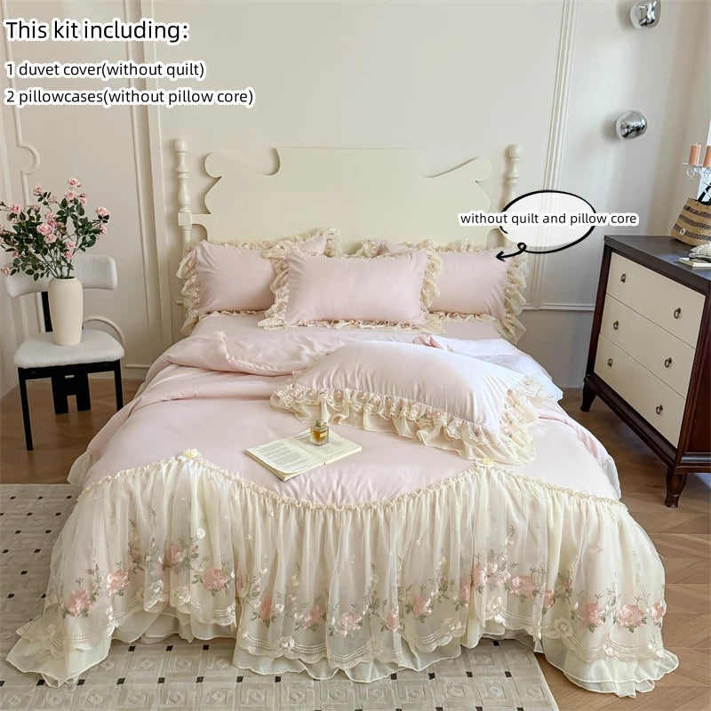 STORESDE 3pcs Korean style Duvet Cover Set (1*Duvet Cover + 2*Pillowcase, Without Core), Lace embroidery Bedding Set