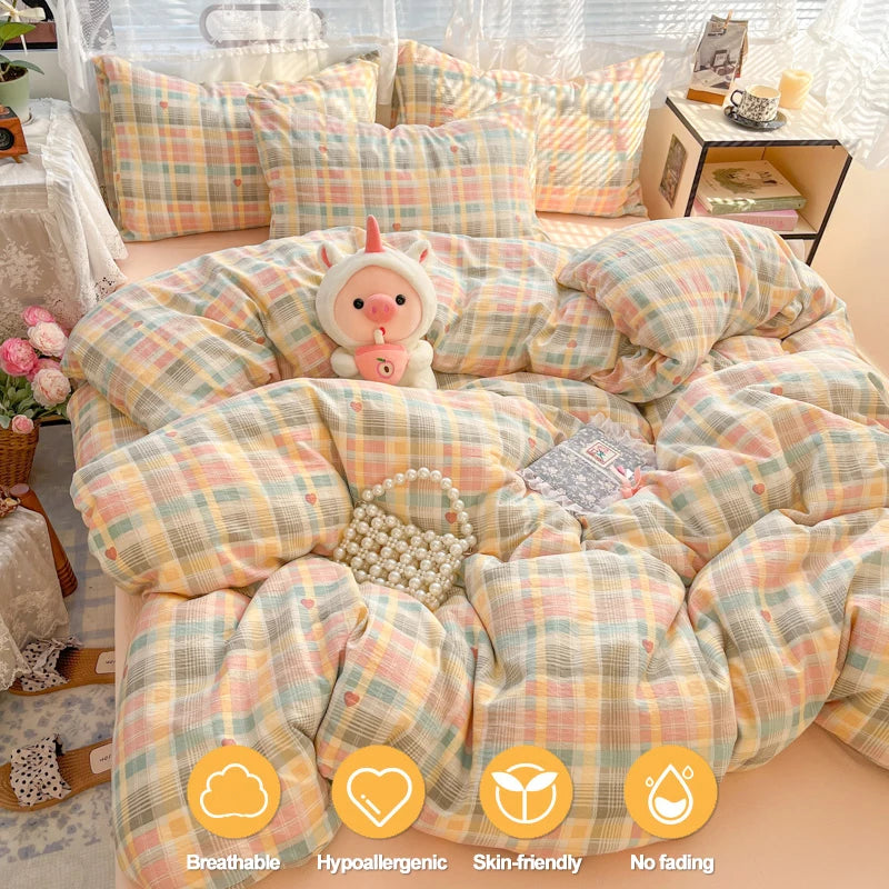 STORESDE Plaid Duvet Cover Set with 2 Pillowcases, Breathable Ultra-Soft Bedding Set for Single/Couple Size Bed, Comforter Cover Set