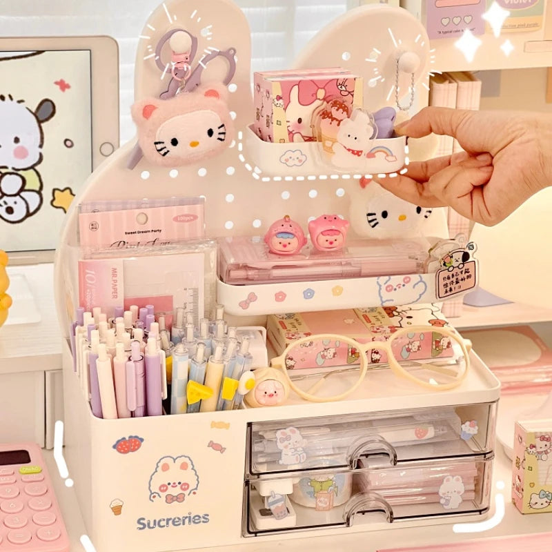 STORESDE Desktop Hole Board Storage Box Desk Organizer Girls Cute Pen Holder Storage Stationary Rack Korean Kawaii Bunny Cosmetic Shelf