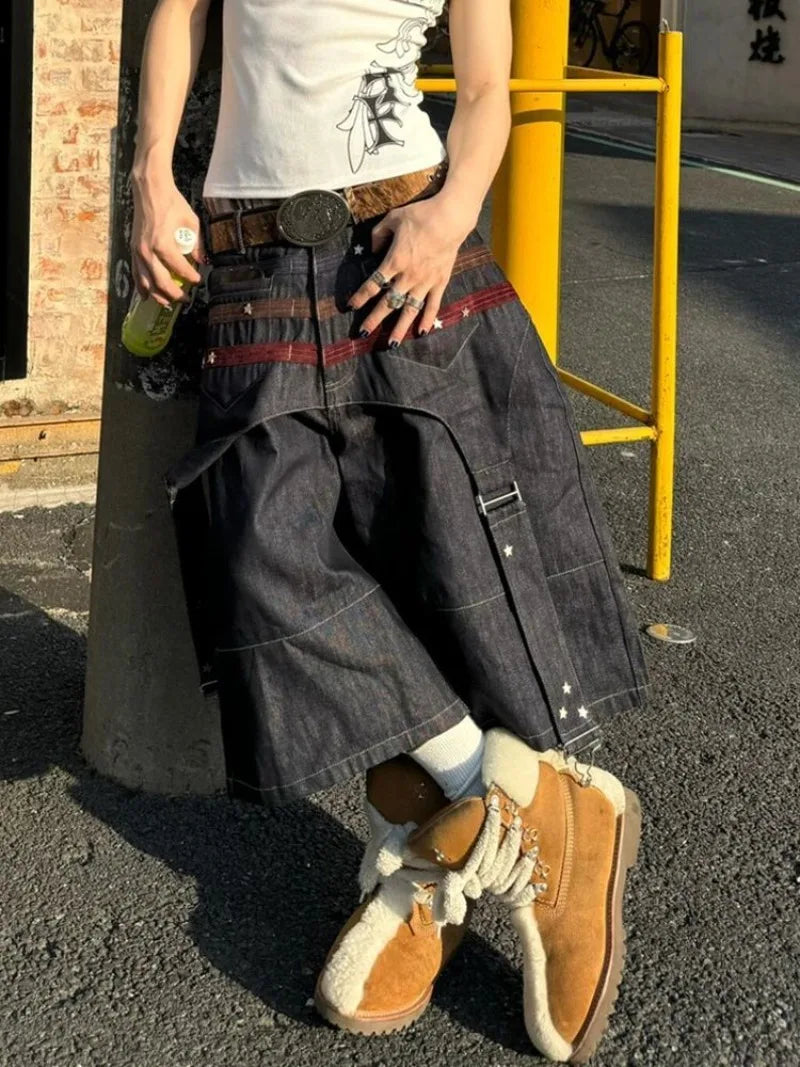 STORESDE Y2K Streetwear New Fashion Star Pattern Nail Denim Shorts Women Harajuku Vintage Hip Hop Spice Girls Splicing Cropped Pants