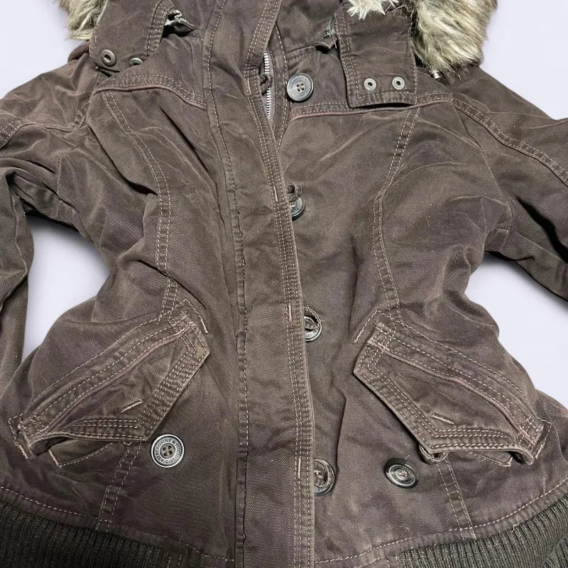 STORESDE Winter Fashion New Solid Color Fur Collar Hooded Cotton-padded Jacket Women Y2K Street Vintage Pop College Cotton-padded Jacket