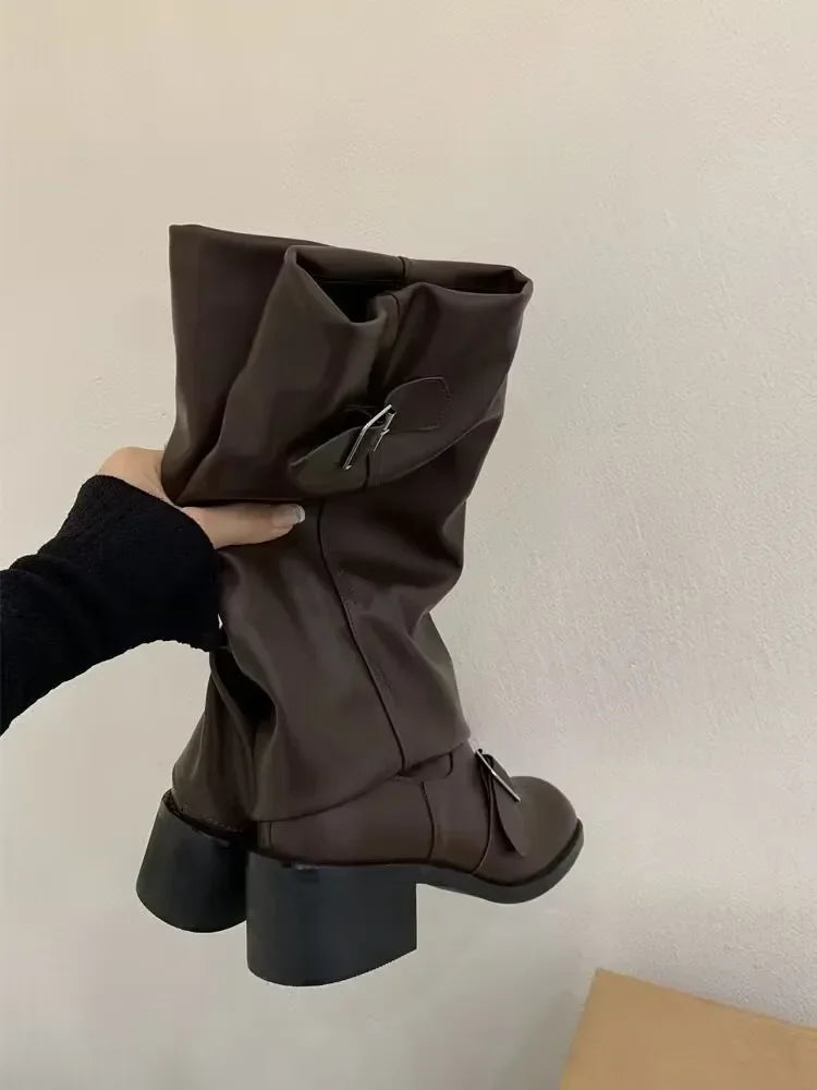 STORESDE Woman Boots Knee High Platform Chunky Heels Trend Punk Gothic New Rock Leather Fashion Women's Shoes Motorcycle Footwear Q221
