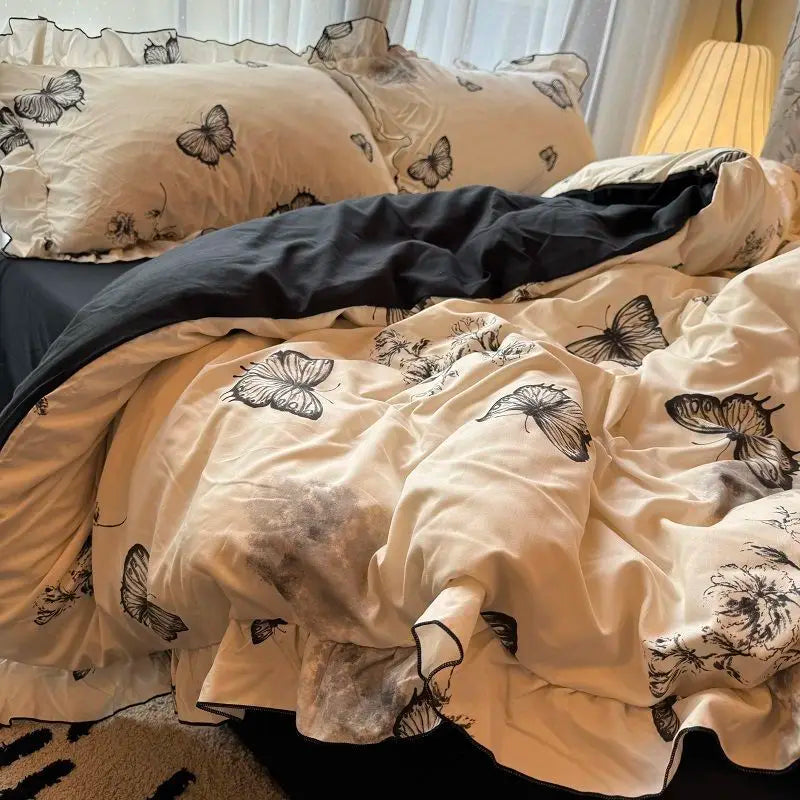 STORESDE Korean Princess Duvet Cover Set Skin Friendly Wash Cotton Bedding Set Of Four Pieces Lace Bedin Set Bed Sheets Comforter Cover