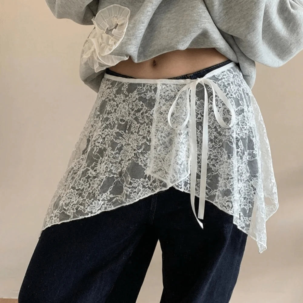 STORESDE Apparel Accessories French Lacing Lace Mini Skirt Embroidery Irregular Hemline Lace Up Ruffles Skirt Y2K Apron Wrap Skirt