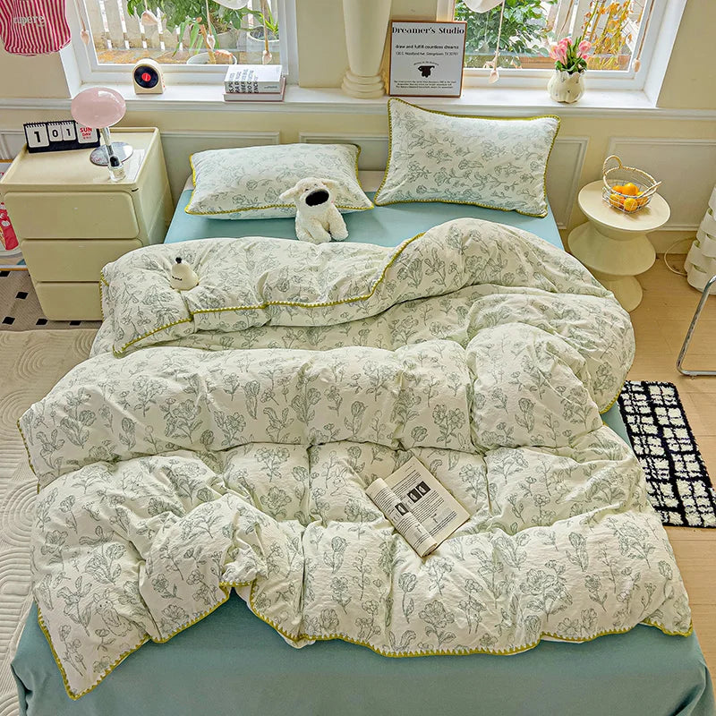 STORESDE Flower Printed Duvet Cover Sets Queen/King Bedding Set with Shell Edge Washed Cotton dekbedovertrek 240x220  이불 커버 Bed Cover Set