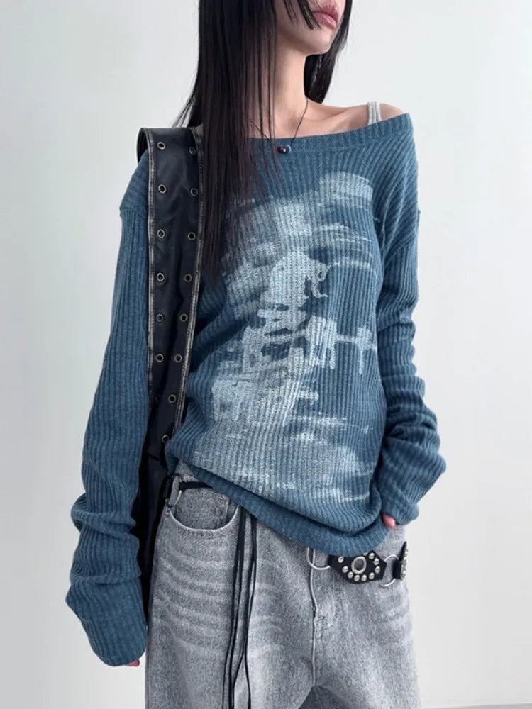 STORESDE Autumn Harajuku Women Vintage Print Tees Streetwear Grunge Skew Collar Graphic Tshirt Y2k Aesthetic Casual Hiphop Grunge Top