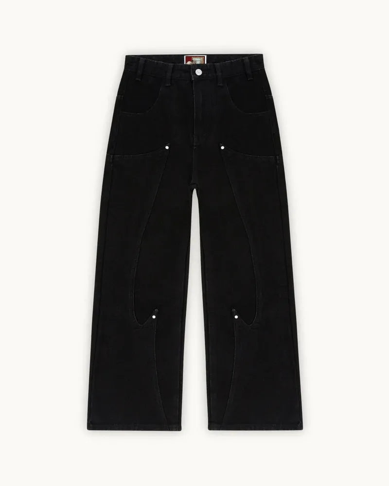 STORESDE Y2K Black Baggy Cargo Jeans Men Horse Back Pocket Embroidery Cursive Wild Ride Distressed Cut Out Wide Leg Casual Denim Trouser
