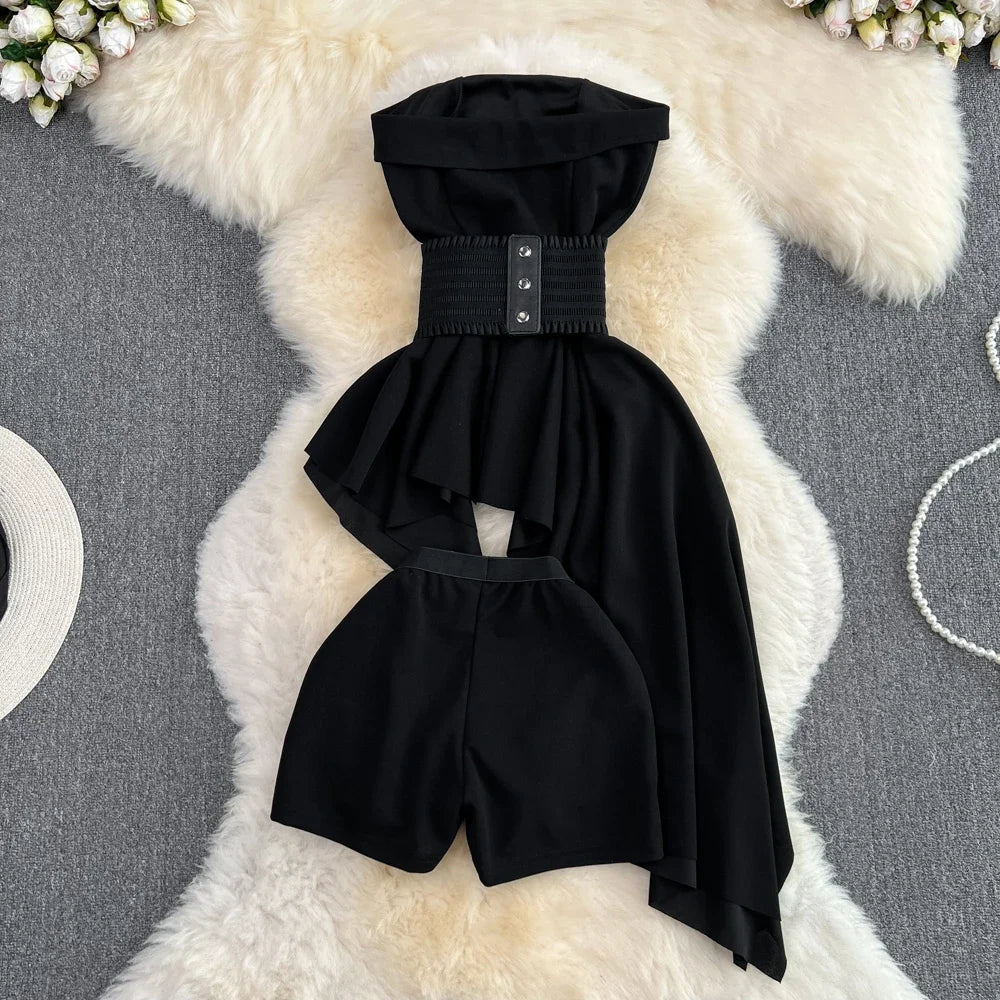 STORESDE 2pcs Sets Women Outfits Fashion Strapless Irregular Skinny A-line Dresses+elastic High Waist Solid Wide-leg Shorts Femme Suits