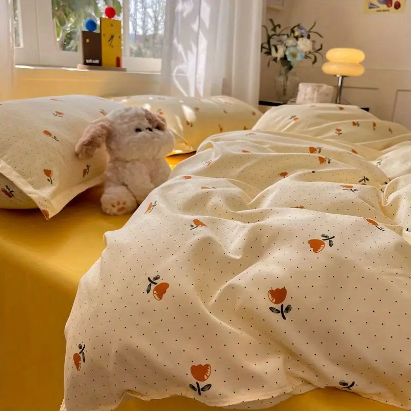 STORESDE Fashion Floral Duvet Cover Set with Flat Sheet Pillowcase No Filler Girls Twin Full Queen Size Korean Soft Bedding Set