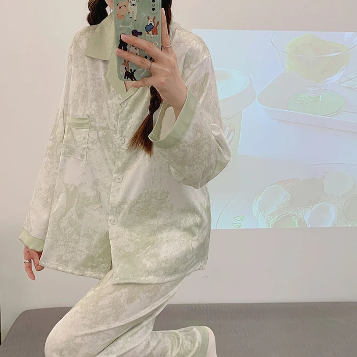 STORESDE 2026 New Ice Silk 2 Pieces Pajamas for Women Autumn Spring Women's Pajamas Set Elegant Ptinting Flower Home Wear Soft Sleepwear