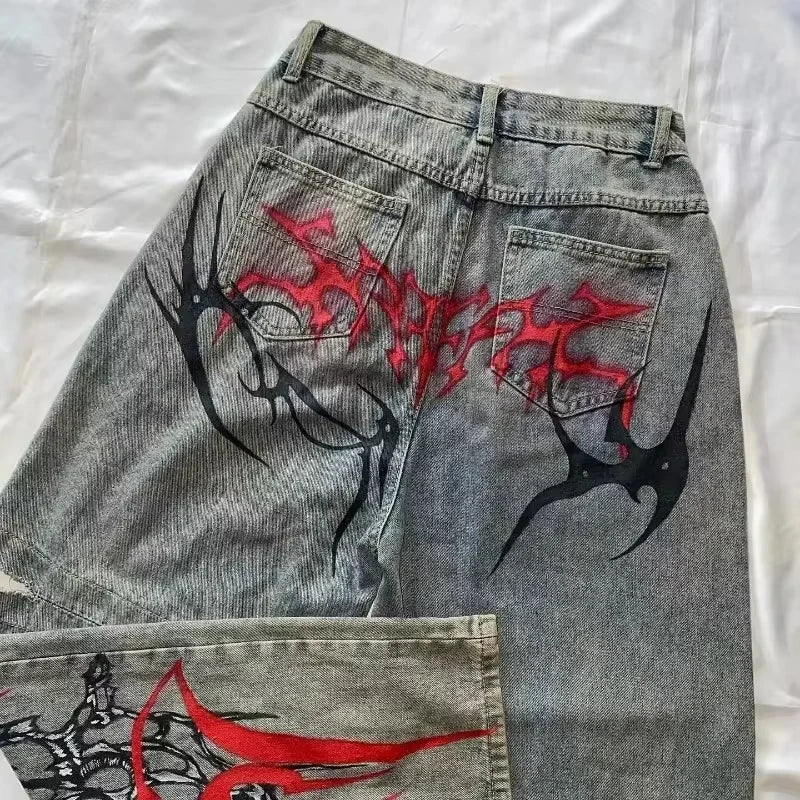 STORESDE 2025 New American Trend Retro Hip-hop Embroidery Pattern Baggy Jeans For Men And Women Y2K Harajuku Gothic Wide Pants Streetwear