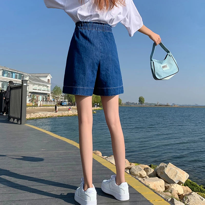 STORESDE Casual Plus Size Summer Denim Shorts Woman Loose Wide Leg Jean Baggy Shorts Women Cotton Ealstic Waist Short Pants Bermuda Femme