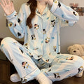 STORESDE Cartoon Cute Penguins Print Women's Pajamas Fashion Blue White Striped Milk Silk Homewear 2025 Spring Fall New Casual Sleepwear
