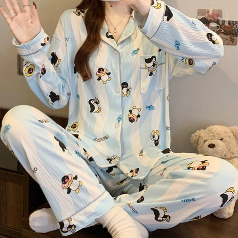 STORESDE Cartoon Cute Penguins Print Women's Pajamas Fashion Blue White Striped Milk Silk Homewear 2025 Spring Fall New Casual Sleepwear