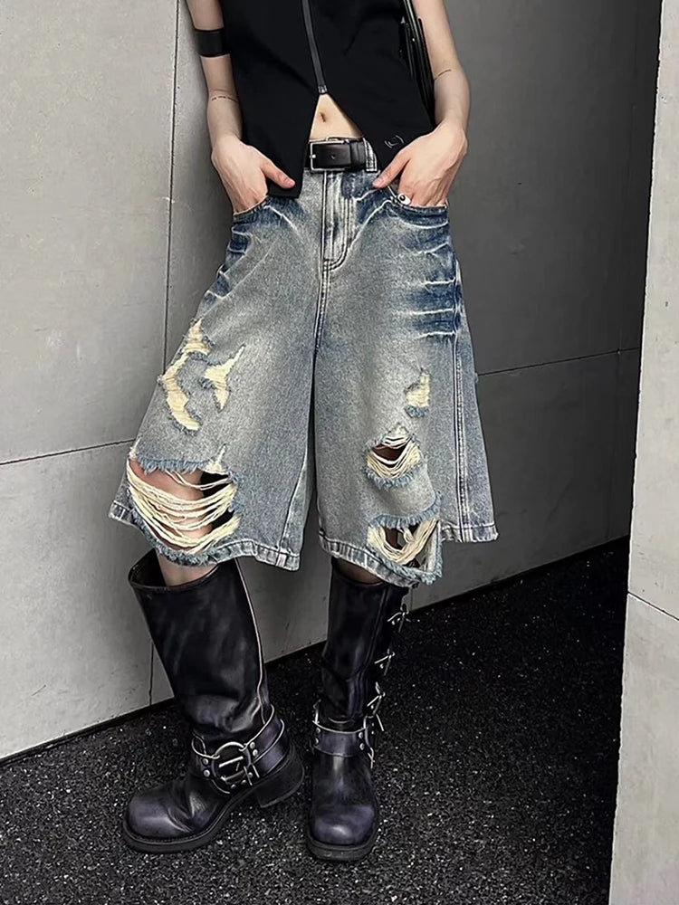 STORESDE Y2K Hole Jeans Shorts Women American Loose Streetwear Hot Girls Wide Leg Shorts Summer High Waist Retro Wash Denim Shorts