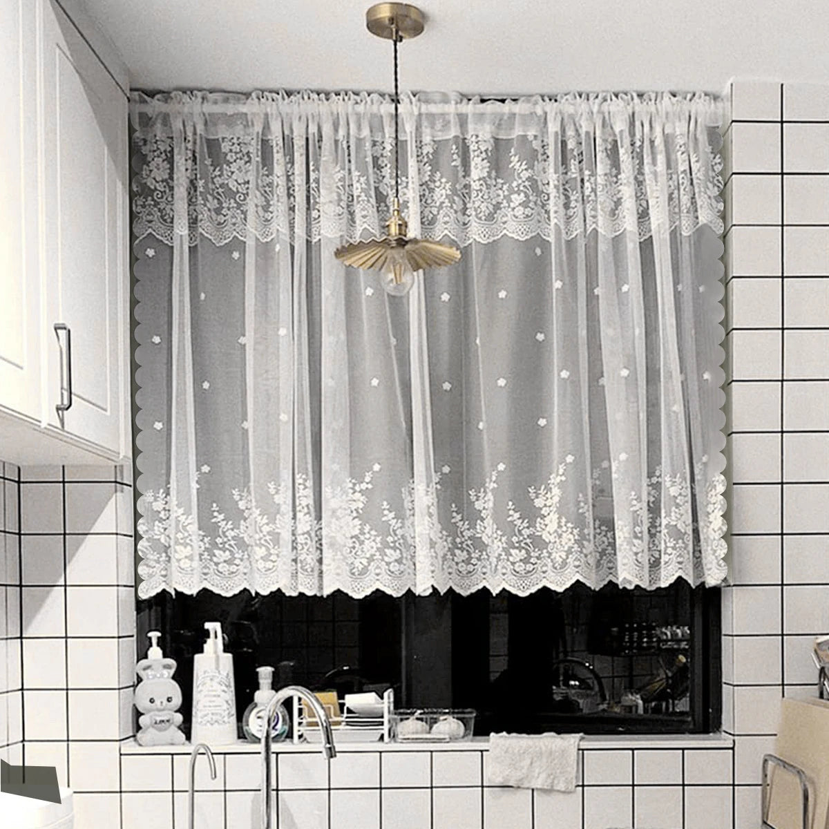 STORESDE 1PC White Short Lace Curtain,Cute Floral Pattern Kitchen Valance,Window Valances Pastoral Tulle Voile Home Decor Kitchen Door