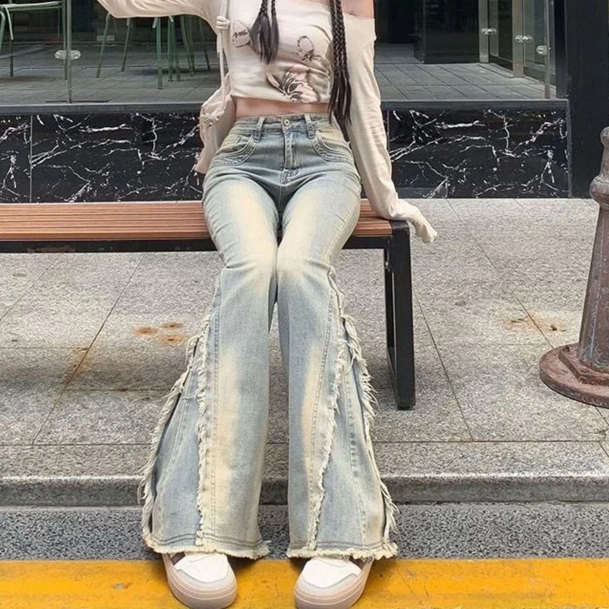 STORESDE Women Vintage Blue Jeans High Waist American Retro 90s Raw Material Edge Design Y2k Denim Pants Streetwear Wide Leg Jeans
