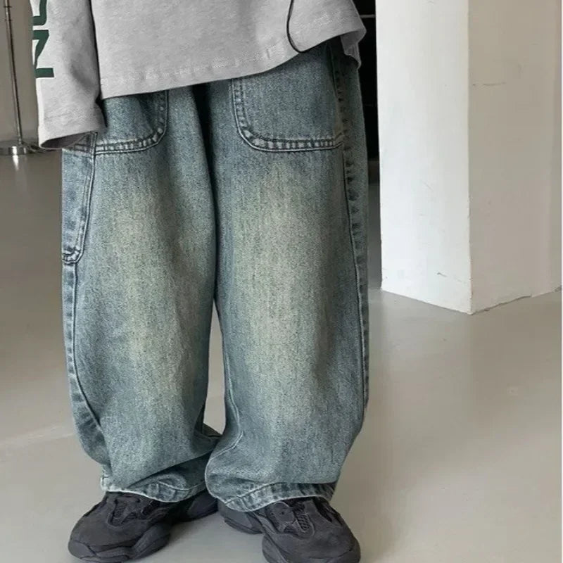 STORESDE Children's Retro Jeans Loose Straight Pants Wide Leg Pants for Boys and Girls 2025 New Spring Autumn Kid's Denim Pocket Trousers