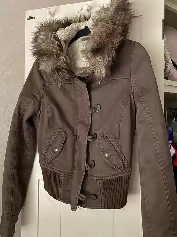 STORESDE Vintage Fur Trim Hooded Bomber Jacket Womens Brown Zipper Coat with Sherpa Lining Ribbed Cuffs Y2K Winter Keep Warm Coats