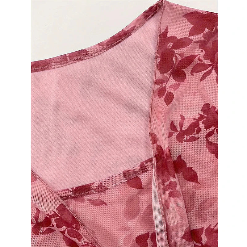 STORESDE Summer Women's Y2k Floral Printed Sweet V-Neck T-shirts Mesh Beach Party Dress Top Flare Sleeve Square Collar Lace Up Shirt 2025