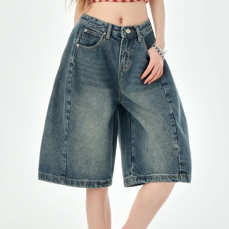 STORESDE Loose Wide Leg Denim Knee Length Pants Women American Vintage Slimming Shorts