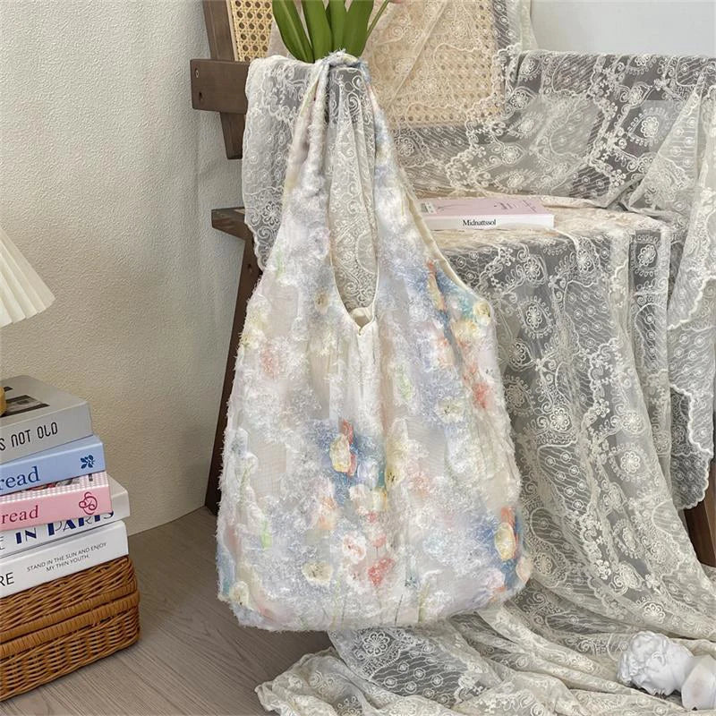 STORESDE Cute Large Capacity Lace Art Ink Painting Tote Canvas Bag Travel Portable Sundry Storage Bag Girls Sweet Shoulder Bag Gift