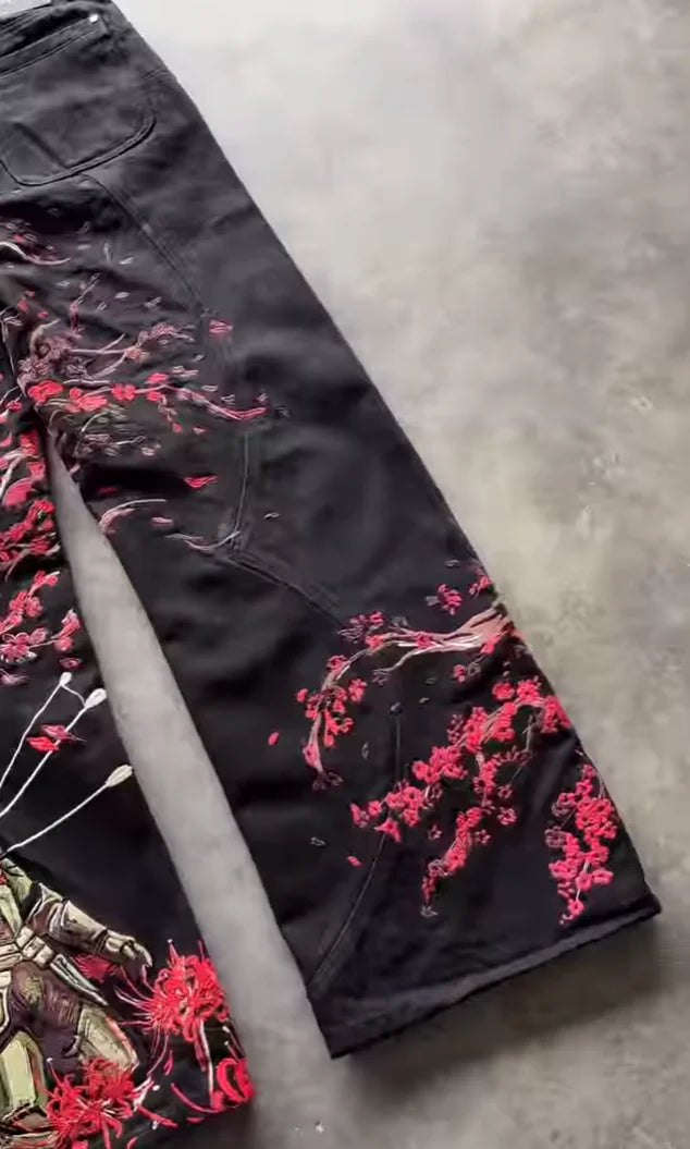 STORESDE Men's Black Wide Leg Jeans Samurai Cherry Blossom Print Red Spider Lily Graphic New Japanese Streetwear Baggy Denim Pants Women