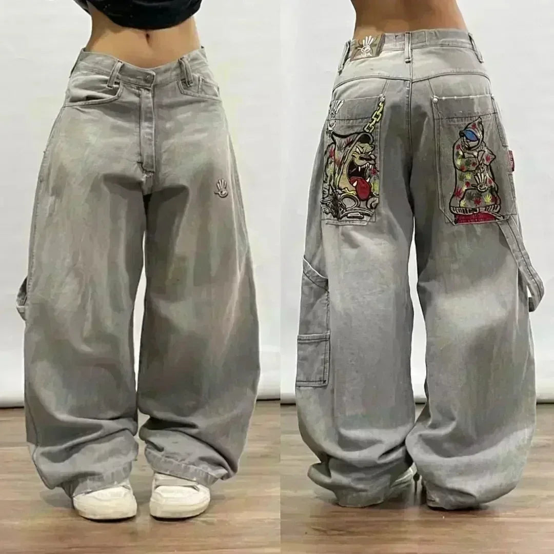 STORESDE American Street Trend Letter Embroidered Loose Jeans Men Harajuku Y2K New Hip Hop Oversized Wide-leg Pants Unisex Mopping Jeans