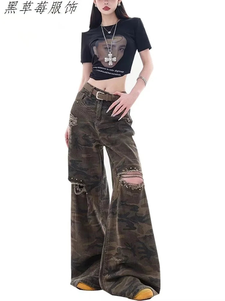 STORESDE Y2K High Street Red Letter Embroidered Baggy Jeans Women Gothic American New Straight Pants Fashion Street Retro Wide-leg Pants
