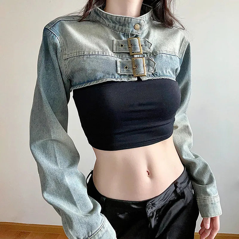 STORESDE MEXZT Y2K Cropped Denim Jacket Women Vintage 90S Sexy Long Sleeve Jeans Coats Summer Gyaru Harajuku Streetwear Design Outerwears