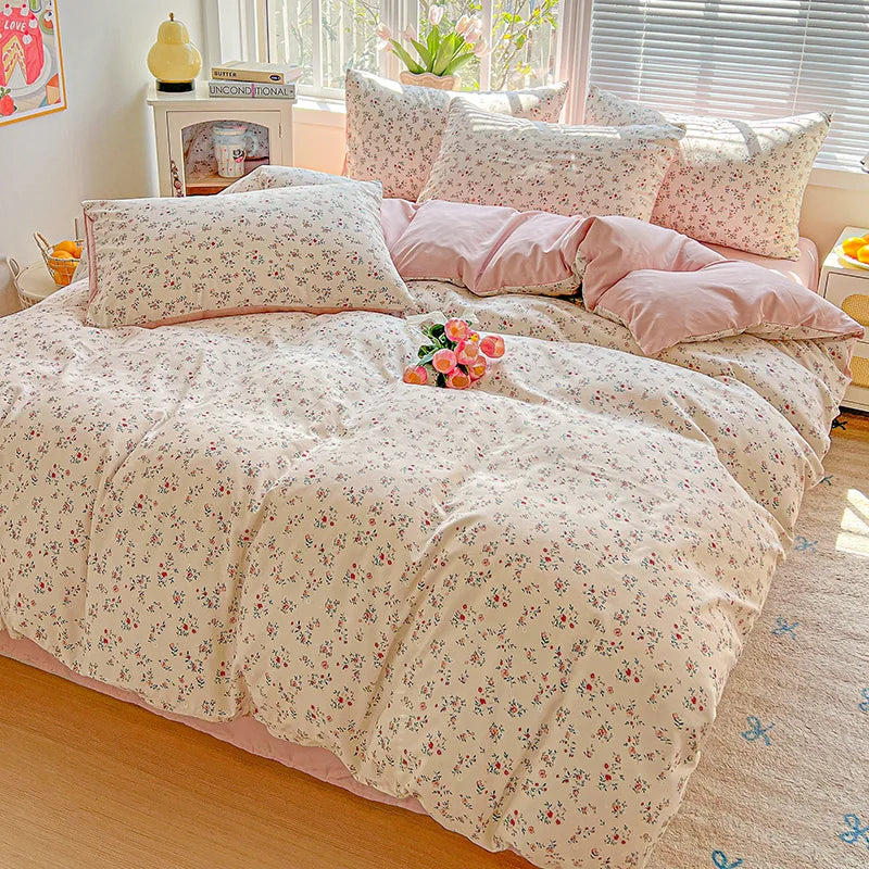 STORESDE American Pastoral Floral Printed Bedding Set Soft Skin-Friendly Double King Size Duvet Cover Set with Flat Sheet and Pillowcases