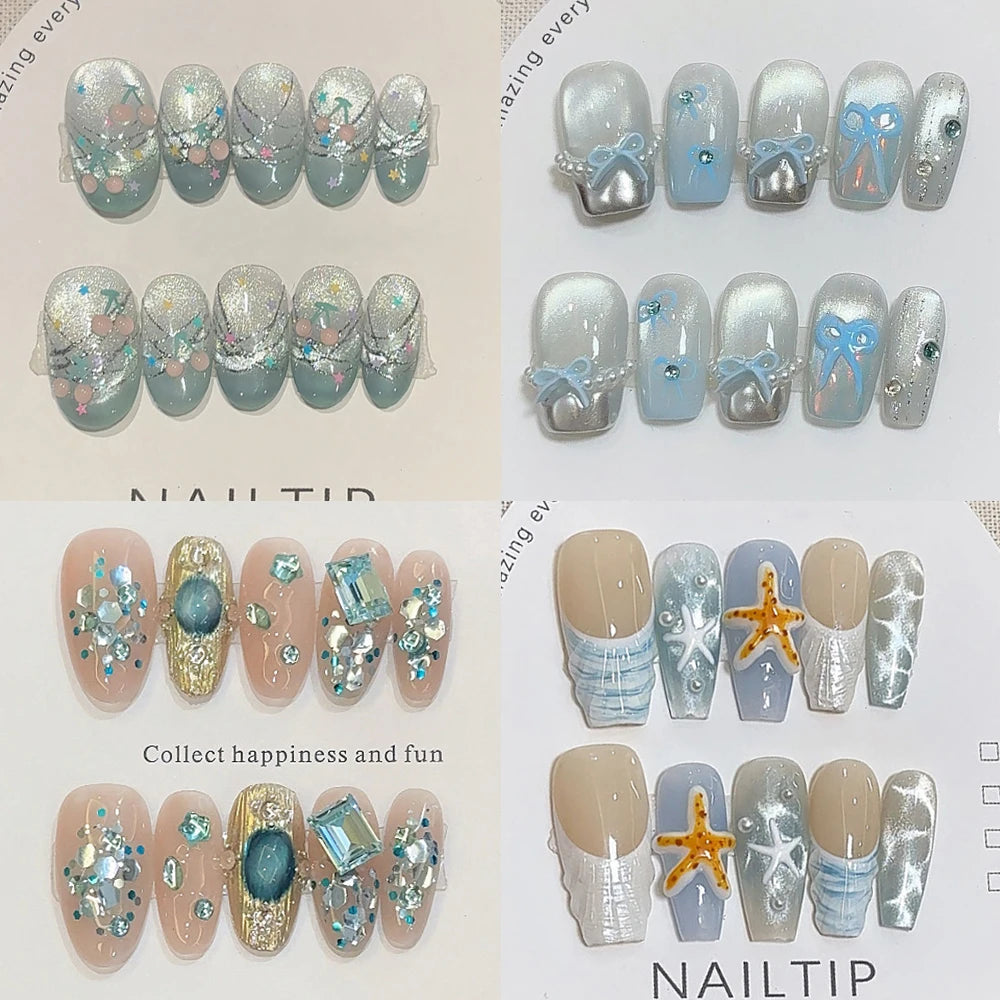 STORESDE 10Pcs Handmade Nude Color Press On Nails Sparkling Cat-Eye Cherry Star Marine Elements Sequins Cute Girlish Nail Suitable Summer