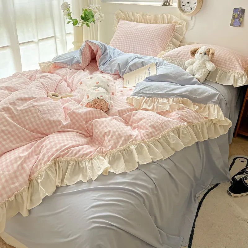STORESDE Ruffled Pink Blue Duvet Cover Set Twin Queen Washed Microfiber Ultra Soft Bedding set Grid Duvet Cover Bed Sheet 2 Pillowcases